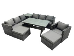 Rackhams 9 Seater Outdoor Corner Sofa Chair Dining Table Set Garden Rattan Furniture Set with Side Table 2 Big Stool Dark Grey - thumbnail 2