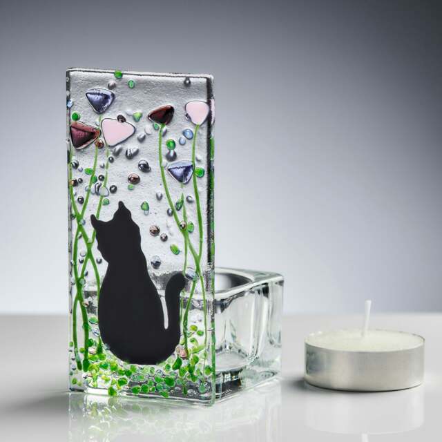 Rackhams Fused Glass Tea Light Holder – Cat & Violet Design (Handmade)