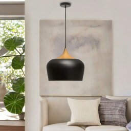 Rackhams Industrial Metal Wooden Effect Ceiling Light Pendant Shade Black - thumbnail 3
