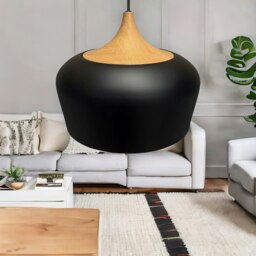 Rackhams Industrial Metal Wooden Effect Ceiling Light Pendant Shade Black - thumbnail 5