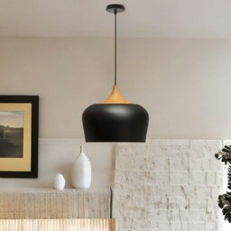 Rackhams Industrial Metal Wooden Effect Ceiling Light Pendant Shade Black - thumbnail 4