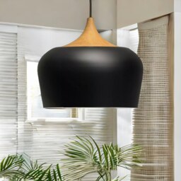 Rackhams Industrial Metal Wooden Effect Ceiling Light Pendant Shade Black - thumbnail 2