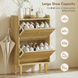 Rackhams Narrow Shoe Cabinet, Shoe Storage Cabinet with Flip Drawers, Oak - 3 Flip Drawers - thumbnail 6