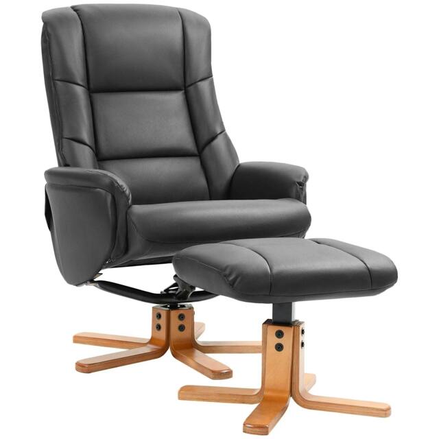 Rackhams Rocking Recliner Chair with Footstool, PU Leather Recliner Armchair with Wood Base, Upholstered Reclining Chair for Living Room Bedroom, Black