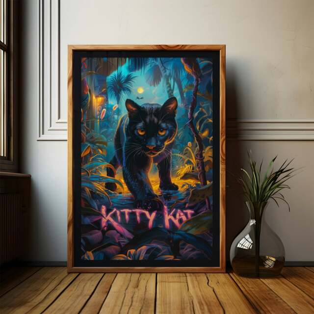 Rackhams Kitty Kat Panther Art Print - Framing Options Available - Black - A2 - Floating Canvas - image 1