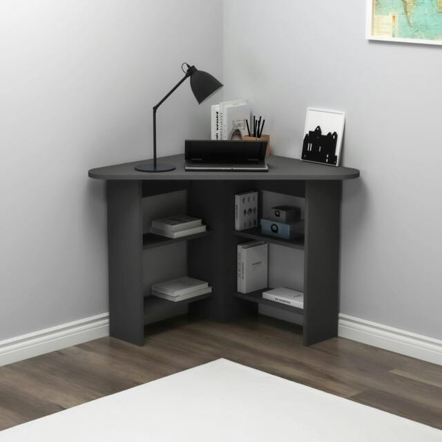 Rackhams Corner Computer Desk with Shelves-Gredos - Dark Grey - image 1