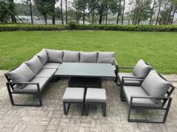Rackhams 10 Seater Aluminium Garden Furniture Set with Adjustable Rising Lifting Dining Table,Chair,2 Small Footstools Corner Sofa Set Dark Grey - thumbnail 1