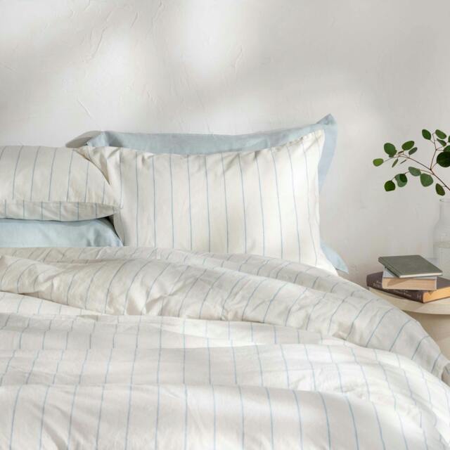 Rackhams White/Blue Pinstripe Linen Cotton Blend Duvet Cover - Double - image 1