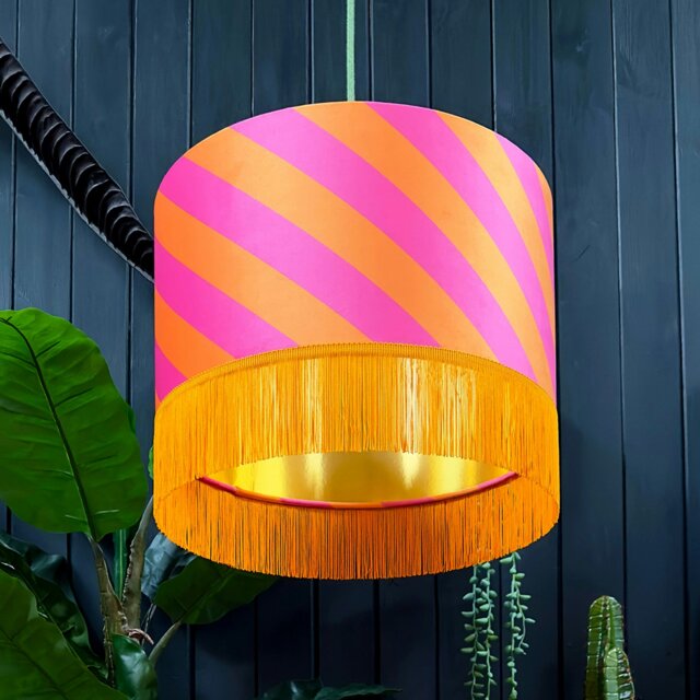 "Rackhams Tutti Frutti Helter Skelter Velvet Lampshades With Gold Foil Lining and Fringing - Ceiling Pendant / Arc Lamp - 35cm diameter x 20cm height / 14"" x 8""" - image 1