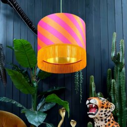 "Rackhams Tutti Frutti Helter Skelter Velvet Lampshades With Gold Foil Lining and Fringing - Ceiling Pendant / Arc Lamp - 35cm diameter x 20cm height / 14"" x 8""" - thumbnail 2