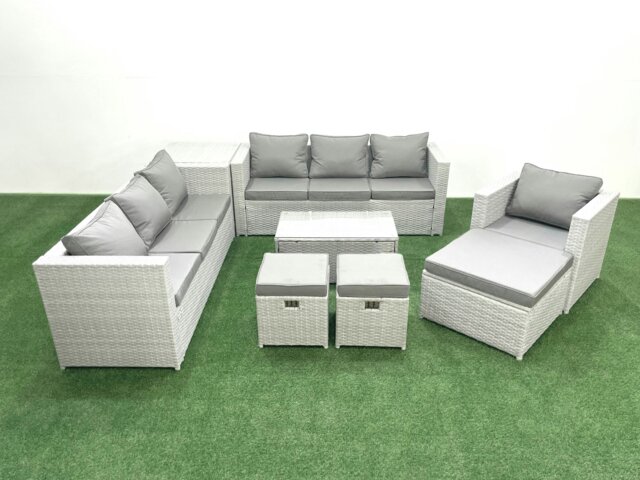 Rackhams Wicker PE Rattan Sofa Garden Furniture Set with Armchair Oblong Coffee Table 3 Footstools Side Table Light Grey Mixed - image 1