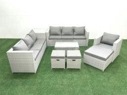 Rackhams Wicker PE Rattan Sofa Garden Furniture Set with Armchair Oblong Coffee Table 3 Footstools Side Table Light Grey Mixed - thumbnail 1