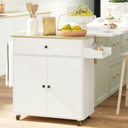 Rackhams Kitchen Island with Drop Leaf, Rolling Kitchen Storage Trolley, White - White - thumbnail 1