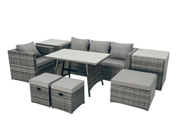 Rackhams Rattan Dining Table Sofa Armchair Set with 2 Side Tables 3 Footstools Outdoor Garden Furniture Set Dark Grey Mixed - image 1