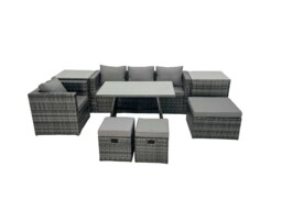 Rackhams Rattan Dining Table Sofa Armchair Set with 2 Side Tables 3 Footstools Outdoor Garden Furniture Set Dark Grey Mixed - thumbnail 2