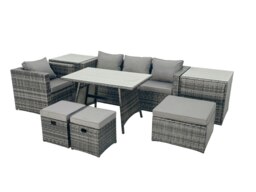 Rackhams Rattan Dining Table Sofa Armchair Set with 2 Side Tables 3 Footstools Outdoor Garden Furniture Set Dark Grey Mixed - thumbnail 1