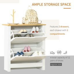 Rackhams 12-Shoe Storage Cabinet 4 Shelves 2 Drawers Tabletop 4 Legs Modern White - White - thumbnail 3