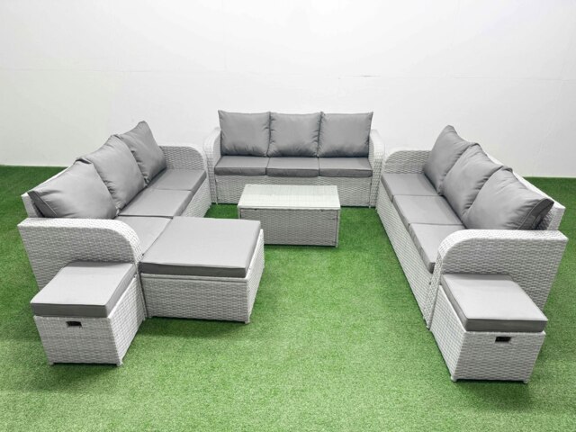 Rackhams PE Rattan Lounge Sofa Set 12 Seater Outdoor Garden Furniture Set with Rectangular Coffee Table 3 Seater Sofa 3 Stools Light Grey - image 1