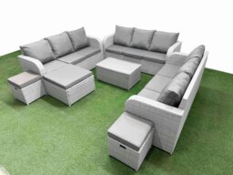 Rackhams PE Rattan Lounge Sofa Set 12 Seater Outdoor Garden Furniture Set with Rectangular Coffee Table 3 Seater Sofa 3 Stools Light Grey - thumbnail 2