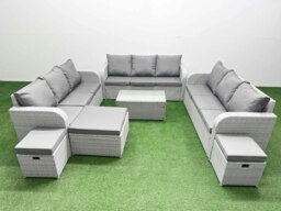 Rackhams PE Rattan Lounge Sofa Set 12 Seater Outdoor Garden Furniture Set with Rectangular Coffee Table 3 Seater Sofa 3 Stools Light Grey - thumbnail 1