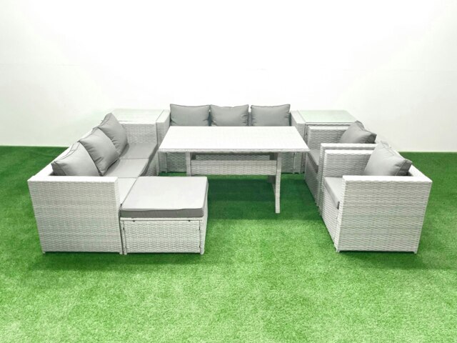 Rackhams Rattan Garden Furniture Set Outdoor 8 Seater Patio Dinin g Sofa Sets with Dining Table 2 Chairs 2 Side Tables Big Footstool Light Grey Mixed - image 1