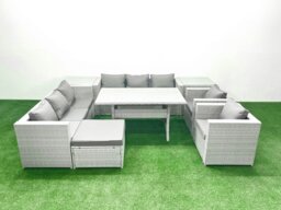 Rackhams Rattan Garden Furniture Set Outdoor 8 Seater Patio Dinin g Sofa Sets with Dining Table 2 Chairs 2 Side Tables Big Footstool Light Grey Mixed - thumbnail 2