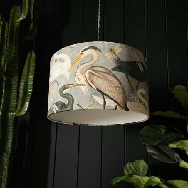 "Rackhams Bird Song Velvet Lampshade in Soft Grey - Ceiling Pendant / Arc Lamp - 40cm Diameter x 25cm Height (16"" x 10"")" - image 1