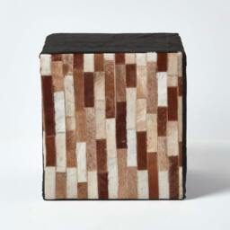 Rackhams Brown and Black Patchwork Cube Pouffe Suede Leather - 36 x 36 x 38 cm - Brown