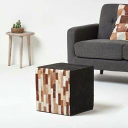 Rackhams Brown and Black Patchwork Cube Pouffe Suede Leather - 36 x 36 x 38 cm - Brown - thumbnail 2