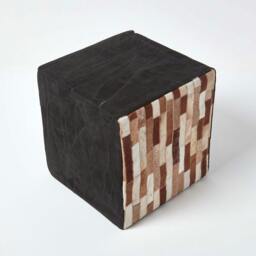 Rackhams Brown and Black Patchwork Cube Pouffe Suede Leather - 36 x 36 x 38 cm - Brown - thumbnail 3