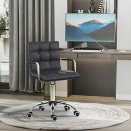 Rackhams Makeup Vanity Chair, PU Leather Mid Back Office Chair with Adjustable Height, Armrest and Rolling Wheels, Black - thumbnail 2