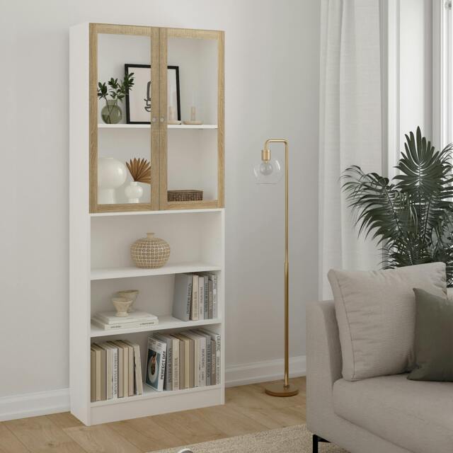 Rackhams Basic Tall Wide Display Cabinet in White (4 Shelves) with 2 Glass Oak Doors - Manufactured Wood - 1 - White Oak - image 1