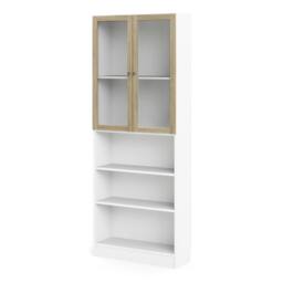 Rackhams Basic Tall Wide Display Cabinet in White (4 Shelves) with 2 Glass Oak Doors - Manufactured Wood - 1 - White  Oak - thumbnail 3