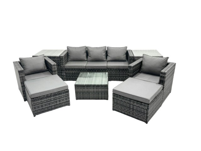Rackhams Outdoor Rattan Garden Furniture Set 7 Seater Patio Lounge Sofa with Armchair Square Coffee Table 2 Side Tables 2 Big Footstool Dark Grey Mixed - image 1