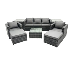 Rackhams Outdoor Rattan Garden Furniture Set 7 Seater Patio Lounge Sofa with Armchair Square Coffee Table 2 Side Tables 2 Big Footstool Dark Grey Mixed - thumbnail 1