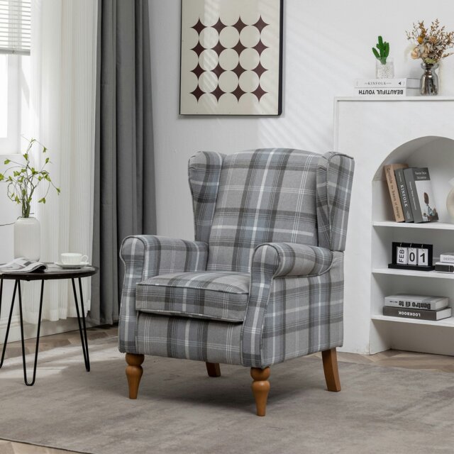 Rackhams Wingback Tartan Armchair, Retro Accent Chair Soft Padded Fabric Lounge Padded Sofa Chair with Solid Wood Frame - Gray - image 1
