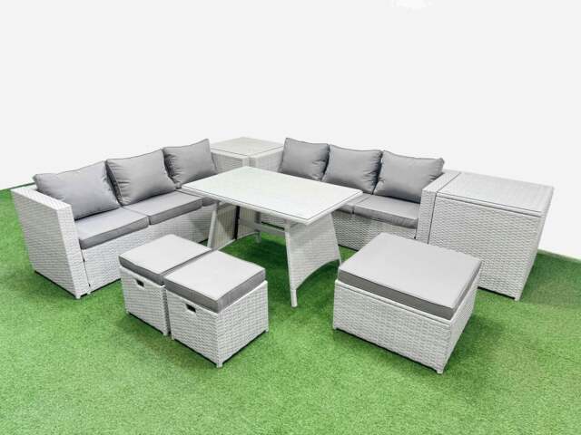 Rackhams Rattan Garden Furniture Dining Set 9 seater Patio Rectangular Table 3 Seater Sofa Set with 2 Side Tables 3 Stools Light Grey - image 1