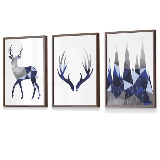 Rackhams Geometric Navy Blue Grey Stags Framed Wall Art Set - 42x59cm (A2) - Light Walnut - image 1