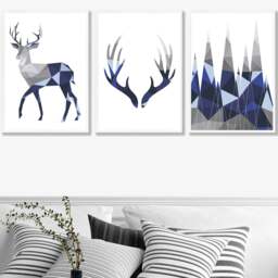Rackhams Geometric Navy Blue Grey Stags Framed Wall Art Set - 42x59cm (A2) - Light Walnut - thumbnail 2