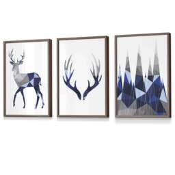 Rackhams Geometric Navy Blue Grey Stags Framed Wall Art Set - 42x59cm (A2) - Light Walnut
