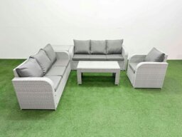 Rackhams 7-Seater Poly Rattan Garden Furniture Set - Light Grey Outdoor Patio Sofa with Oblong Coffee Table & Reclining Chair - thumbnail 1