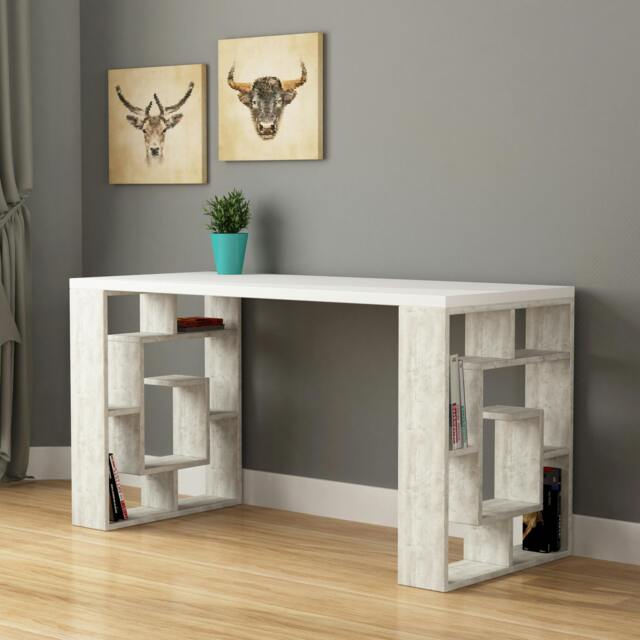 Rackhams Labirent Modern Desk with Bookshelf Legs White Anthracite Grey 137cm - Ancient White - image 1
