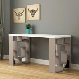 Rackhams Labirent Modern Desk with Bookshelf Legs White Anthracite Grey 137cm - Ancient White - thumbnail 4