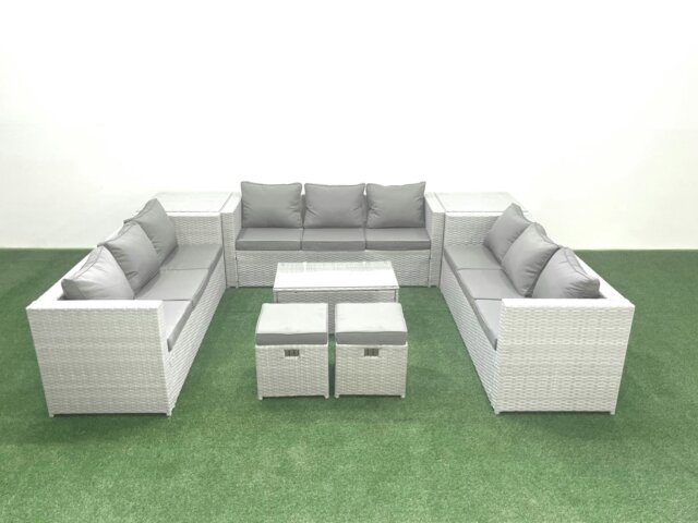 Rackhams Rattan Garden Outdoor Furniture Set 11 Seater Garden Sofa Coffee Table Set with 2 Small Footstool 2 Side Tables Light Grey Mixed - image 1
