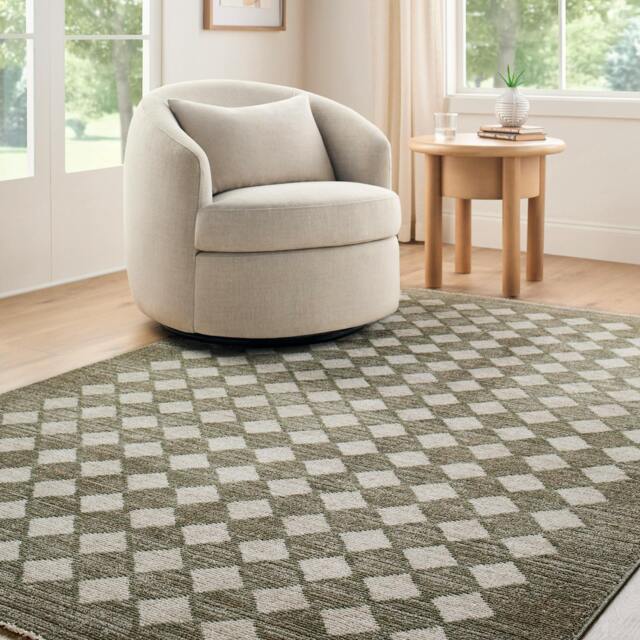 Rackhams Galey Alix Myrtle Avenue-Geometric Green Ivory Brown Diamond Pattern Fringe Rug - 160 x 230 cm - image 1
