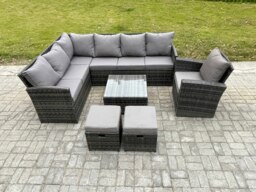 Rackhams 9 Seater Outdoor Garden Furniture Set Wicker PE Rattan Corner Sofa Set with Square Coffee Table 2 Small Footstools Armchair Dark Grey Mixed - thumbnail 2