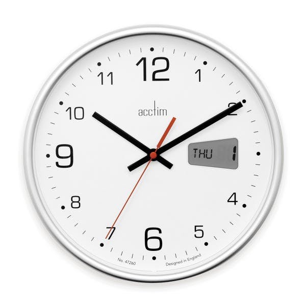 Rackhams Kalendar Wall Clock Non-Ticking Sweep LCD Digital Display Energy Efficient Silver 27cm - image 1