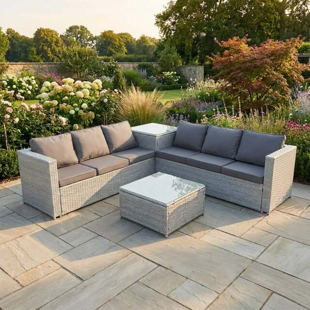 Rackhams 6 Seater Rattan Garden Furniture Set with Corner Sofa, Coffee Table & Side Table - Light Grey - image 1