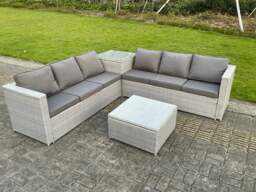 Rackhams 6 Seater Rattan Garden Furniture Set with Corner Sofa, Coffee Table & Side Table - Light Grey - thumbnail 3