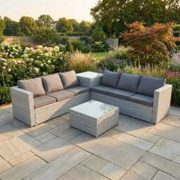 Rackhams 6 Seater Rattan Garden Furniture Set with Corner Sofa, Coffee Table & Side Table - Light Grey